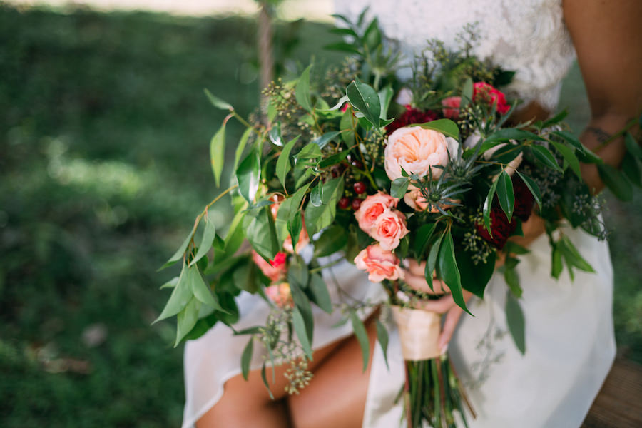 Bohemian Chic Wedding Bouquet with Greenery and Blush Peach Pink Flowers