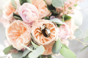 Peach and Blush Wedding Floral Bouquet with Wedding Rings in Flower Portrait
