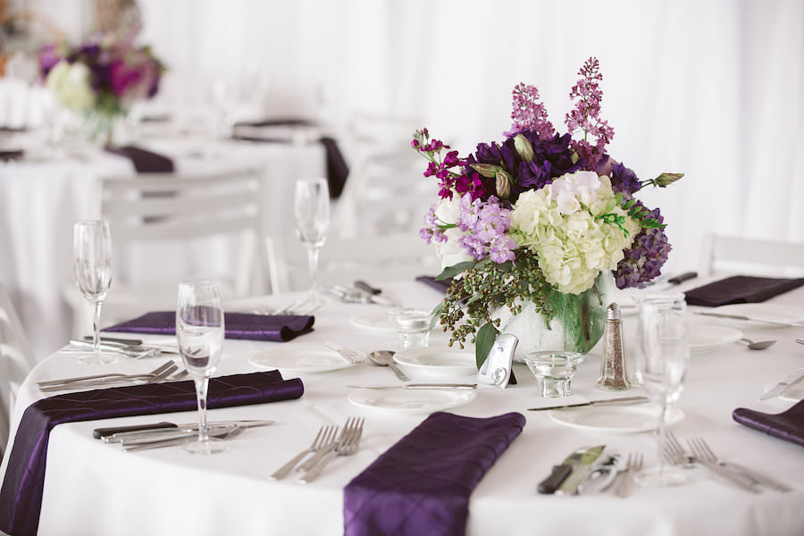 Wedding Reception Decor Centerpieces with Lanterns Purple, Lilac and White Wedding Flowers | Clearwater Beach Wedding Florist Iza's Flowers | Wedding Venue Hilton Clearwater Beach