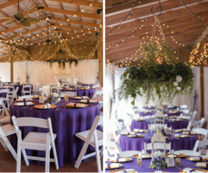 Rustic Barn Wedding Reception with Purple, Ivory and Green Centerpieces and Hanging Greenery Centerpiece Suspended from Ceiling | Tampa Wedding Venue Cross Creek Ranch