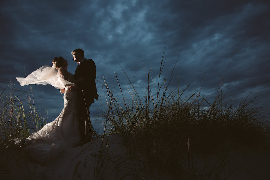 Nighttime Twilight Evening Bride and Groom Clearwater Beach Wedding Portraits