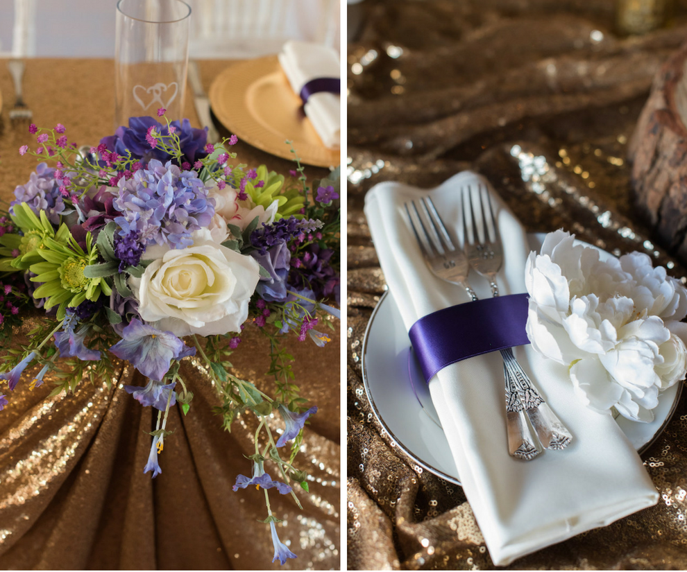 Rustic Glam Wedding Reception with Purple, Green and Ivory Centerpieces with Satin Napkins on Gold Sequin Specialty Linen at Tampa Wedding Venue Cross Creek Ranch | Glamorous Wedding Ideas and Inspiration