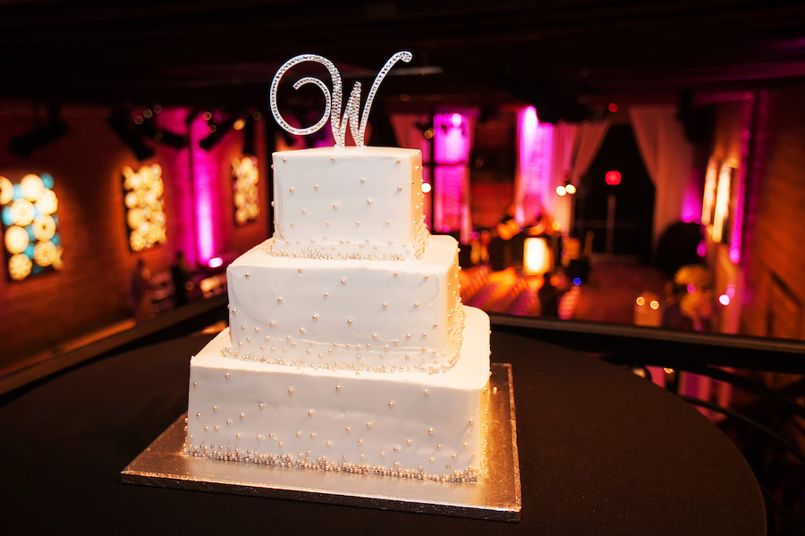 Three Tiered, Square St. Petersburg Wedding Cake with W Initial Cake Topper
