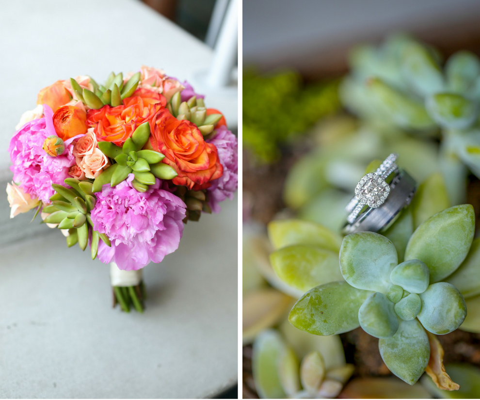 Pink, Peach and Orange Floral Wedding Bouquet with Succulent Accent | Engagement and Wedding Ring Portrait on Succulents | Tampa Wedding Florist Apple Blossoms Floral Design