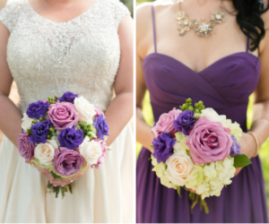 Beaded Rounded Neckline Ivory Wedding Dress and Purple Sweetheart Neckline Bridesmaid Gown with Purple, Pink and Ivory Roses Wedding Bouquet | Tampa Wedding Photographer Caroline and Evan Photography