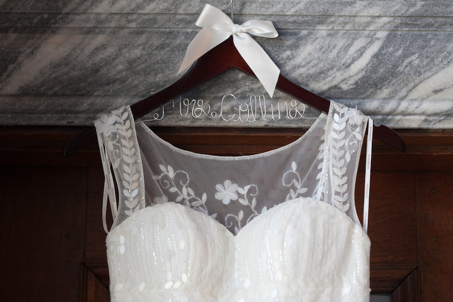 Ivory, Lace Back Trumpet Wedding Dress on Custom Mrs Wooden Bridal Hanger