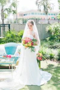 Outdoor Florida Bridal Wedding Portrait |Sweetheart Wedding Dress Portrait with Tropical, Vibrant Pink, Orange and Yellow Wedding Bouquet