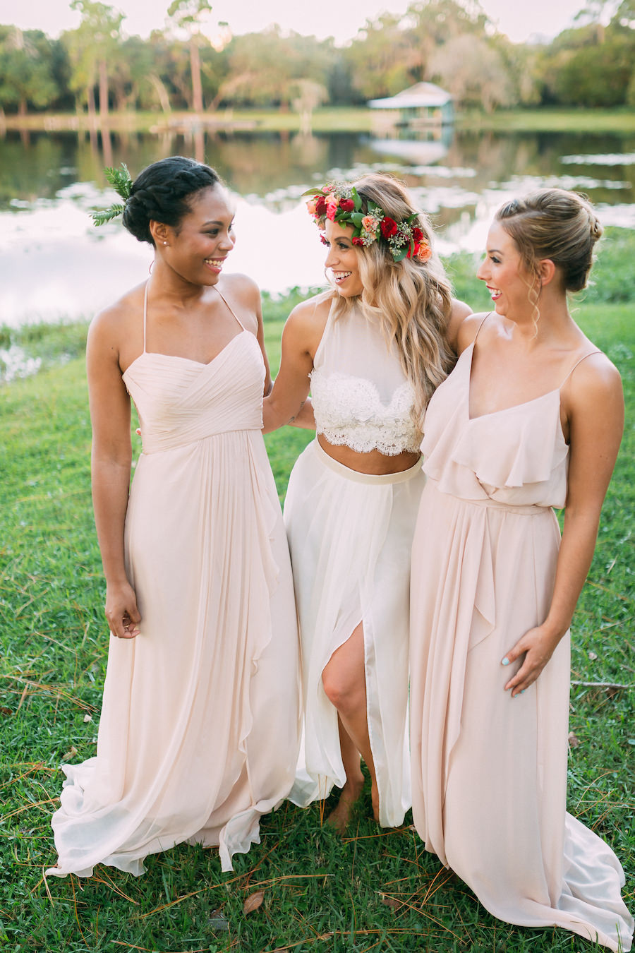 Bohemian Chic Wedding Portrait of Bride with Lace Dress and Flower Crown with Bridesmaids in Blush Pink Bella Bridesmaids Dresses | Tampa Bay Wedding Hair and Makeup Artist Michele Renee The Studio