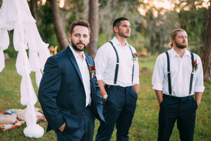 Groom Outdoor Florida Wedding Portrait with Groomsmen in Suspenders
