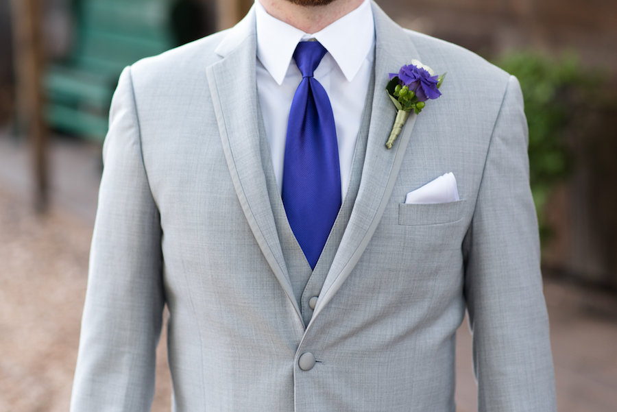 Light Grey Wedding Suit with Purple Tie and Boutonniere | Tampa Wedding Photographer Caroline and Evan Photography