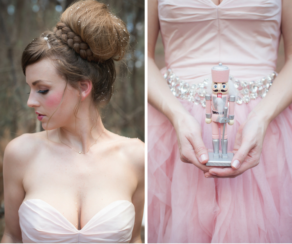 Nutcracker Ballet Styled Wedding Shoot | Elegant, Glamorous Bridal Wedding Hair Updo with Braid and Makeup