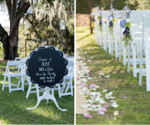 Outdoor Purple and Green Wedding Ceremony Aisle Decorations with White Resin Folding Chairs | Tampa Wedding Photographer Caroline and Evan Photography