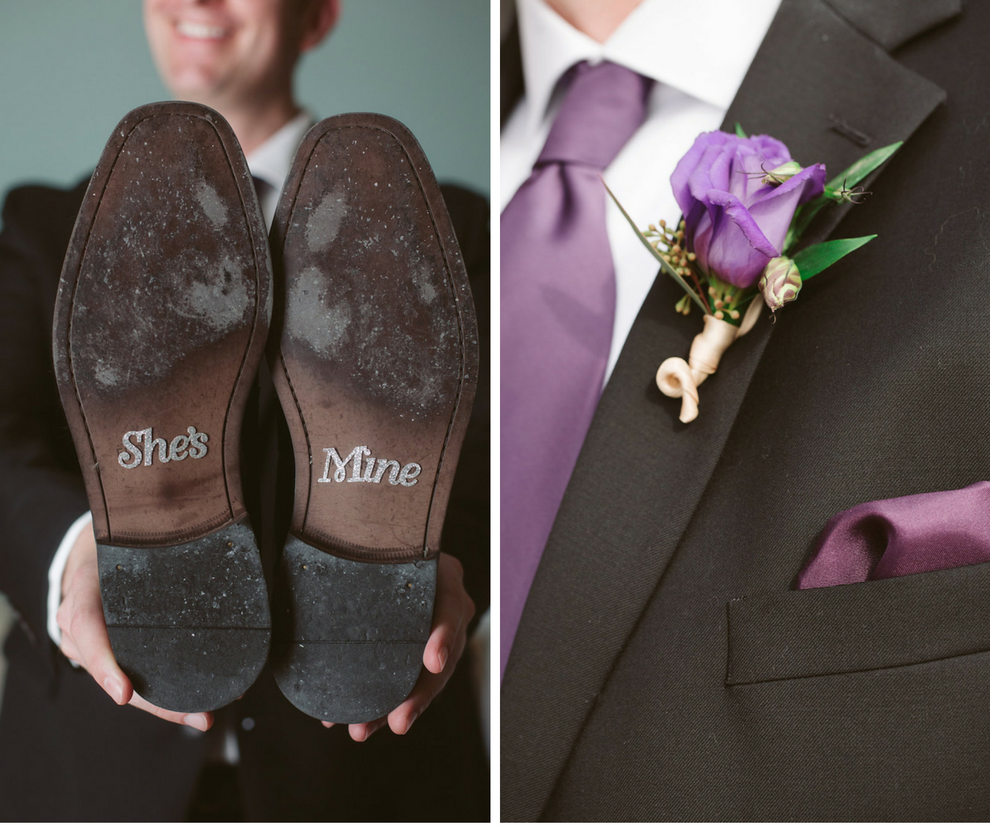 Groom Shoes with Wedding "She's Mine" Stickers | Purple Boutonniere and Tie | Clearwater Beach Wedding Florist Iza's Flowers
