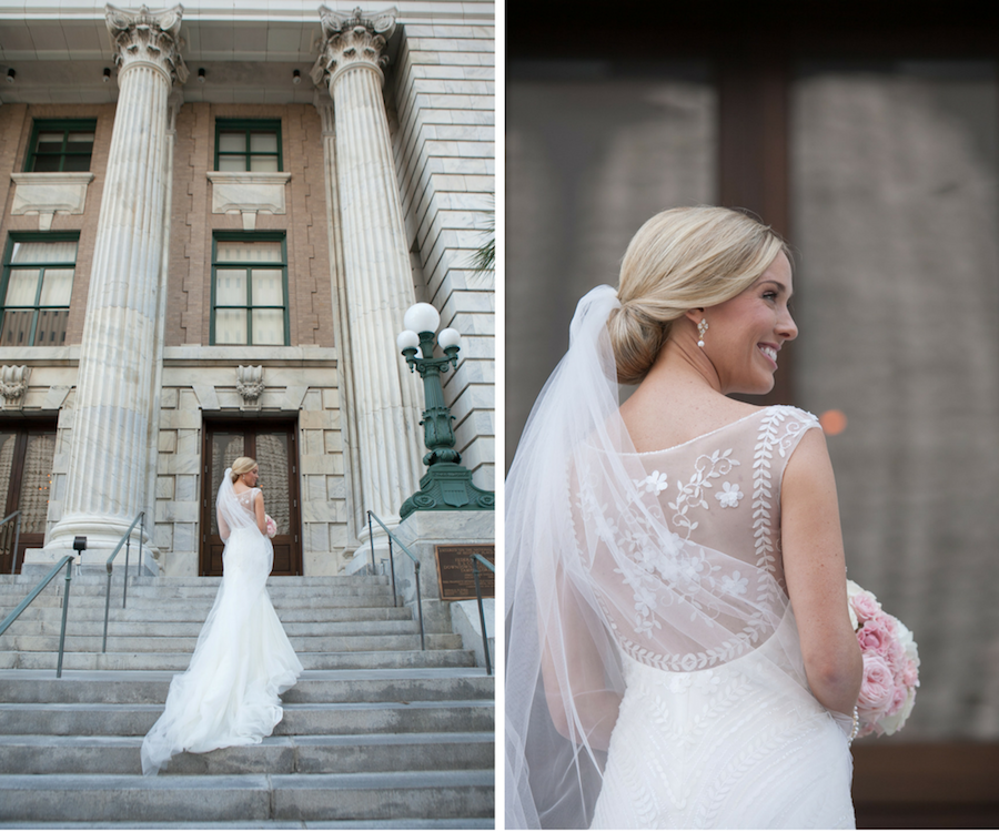 Bridal Wedding Portrait with Lace and Pronovias Mesh See Through Illusion Back Wedding Dress and Blush Rose Wedding Bouquet | Downtown Tampa Wedding Photographer Carrie Wildes Photography