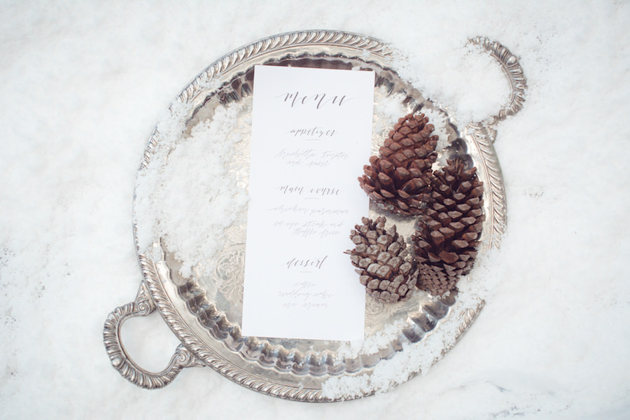 Winter Inspired Wedding Invitation Suite with Snow and Pinecones