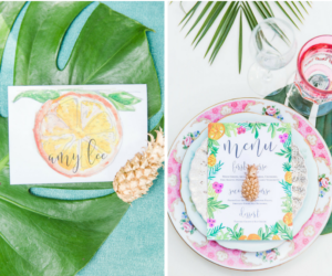Tropical, Lilly Pulitzer, Palm Tree, Citrus and Flamingo Tropical Inspired Wedding Place Setting Menu Card and Gold Mini Pineapple | Tampa Wedding Letterpress Custom Designs by A&P Designs