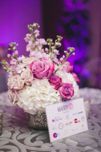 Silver Reception Decor with Pink Rose and White Hydrangea Wedding Centerpieces and Purple Uplighting | Linens by Over the Top Rental Linens | Roohi Photography | Sarasota Wedding Vendor Networking Event | Marry Me Tampa Bay Speed Networking