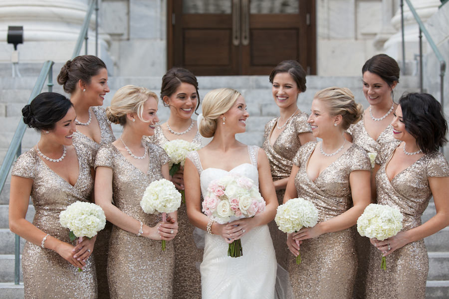 Bridal Party Wedding Portrait | Gold Sequin Badgley Mischka Bridesmaid Dresses and Ivory Cap Sleeve Sweetheart Provonias Wedding Dress with Blush and Ivory Rose and Hydrangea Wedding Bouquet | Tampa Wedding Photographer Carrie Wildes Photography