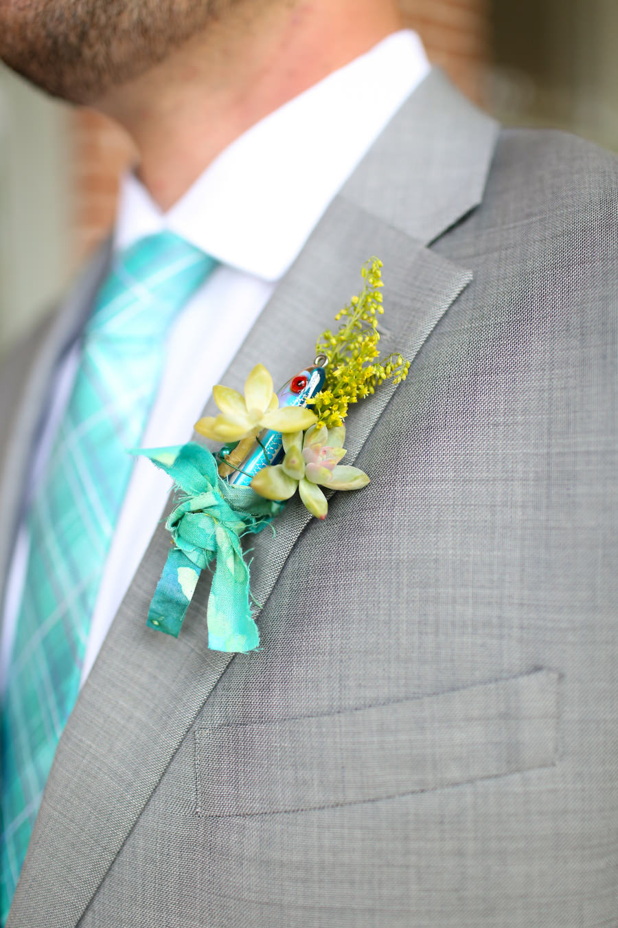 Groomsmen Wedding Portrait in Grey Suit with Succulent and Fishing Lure Groomsmen Boutonnière