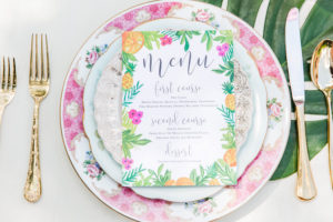 Tropical, Lilly Pulitzer, Palm Tree, Citrus and Flamingo Tropical Inspired Wedding Place Setting Menu Card and Gold Mini Pineapple and Vintage Dish Rentals | Tampa Wedding Letterpress Custom Designs by A&P Designs
