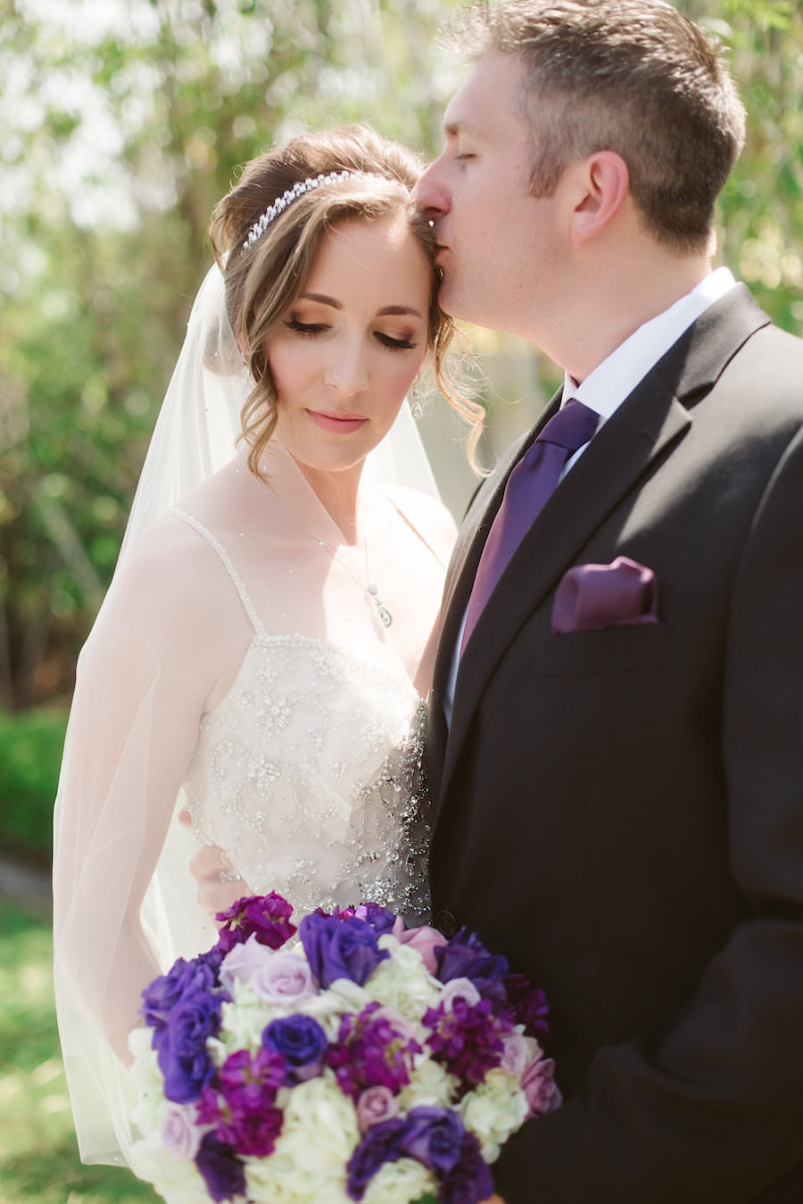 Bride and Groom Wedding Portrait with Purple, Lilac and White Wedding Bouquet | | Clearwater Beach Wedding Florist Iza's Flowers
