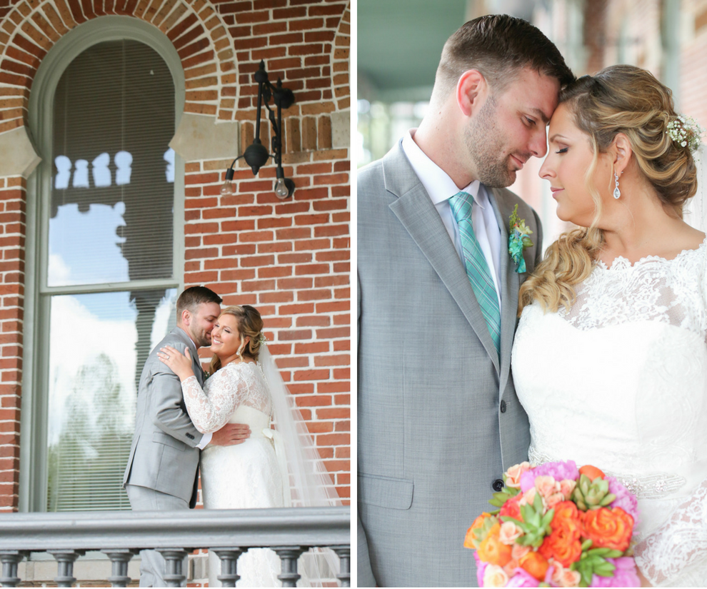 Florida Bride and Groom Outdoor First Look Wedding Portrait with Vibrant Pink, Orange and Purple Wedding Bouquet