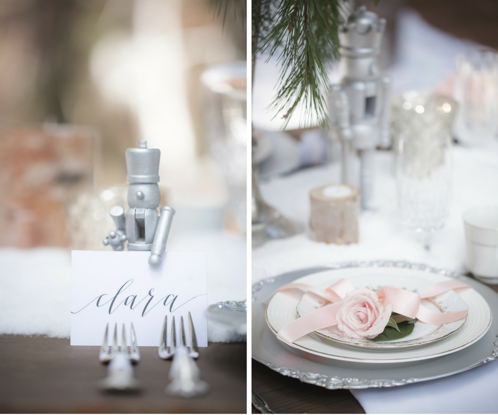 Nutcracker Ballet Styled Wedding Shoot | Outdoor Winter Inspired Wedding Reception with Faux Fur and Wooden Farm Tables with Silver Charger Plates with Vintage China Dishes | Ever After Vintage Weddings Tampa Bay Wedding Rental Company and Event Stylist