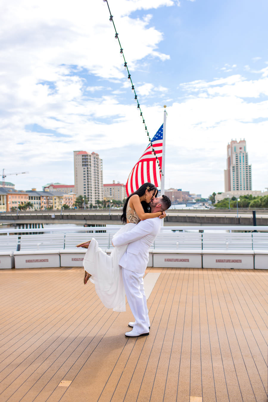 Bride and Groom Wedding Kiss Portrait | Downtown Tampa Wedding Venue Yacht StarShip