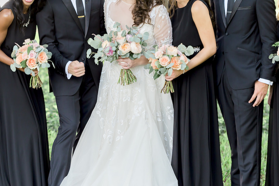 Outdoor Lakeland Wedding Party Portrait | Black Paper Crown Bridesmaids Dresses with Bridal Hayley Paige Wedding Gown