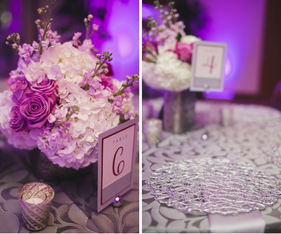 Silver Reception Decor with Pink and White Wedding Centerpieces, Purple Uplighting | Linens by Over the Top Rental Linens | Chargers by Signature Event Rentals | Lighting by Gabro Event Services | Table Numbers by Invitation Galleria | Roohi Photography