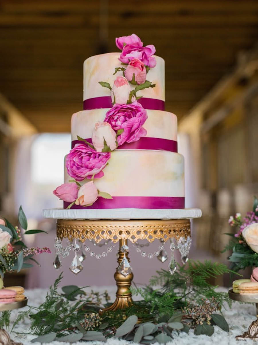 Three Tiered Round Wedding Cake with Pastel Pink Airbrush Design and Pink Floral Accent | Tampa Wedding Cake Bakery A Piece of Cake and Desserts