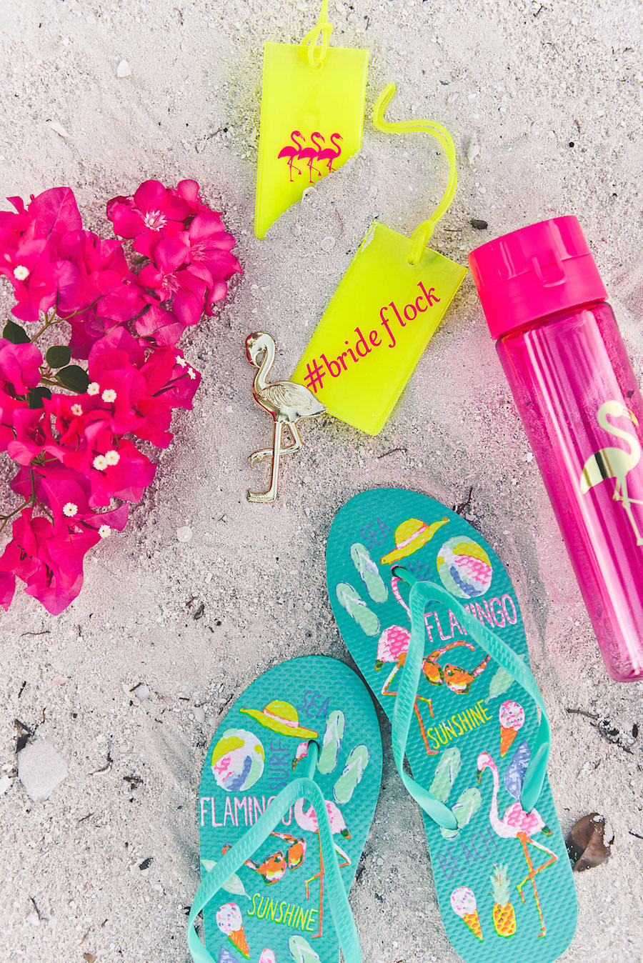 Girls Bachelorette Beach Weekend Ideas | Beach Flip Flops and Flamingos