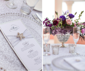Beaded Glass Charger with White and Silver Wedding Menu and Purple and Blush Pink Centerpieces | Wedding Reception Ideas & Inspiration
