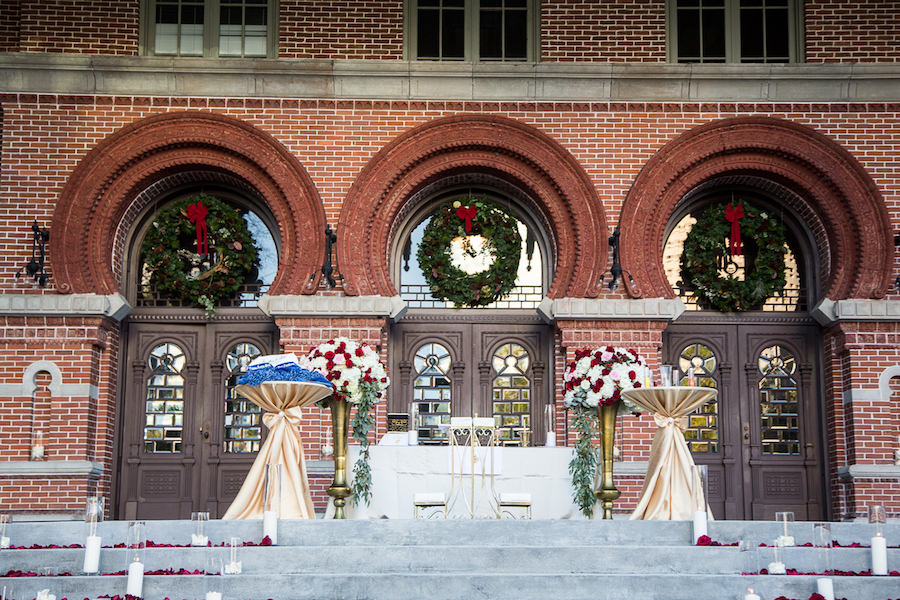 Outdoor, Tampa Wedding Ceremony with Red and Gold Floral Decor | Downtown Tampa Wedding Venue University of Tampa | Wedding Planner UNIQUE Weddings and Events