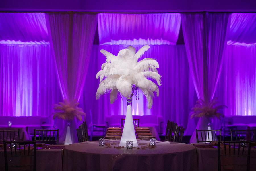 Purple Uplighting and Pin-spotting Lighting Effects for Florida Modern Wedding Reception with Drapery by Tampa Event Rental Company Gabro Event Services
