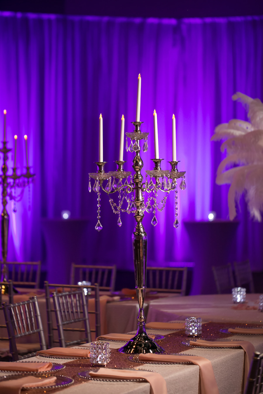 Modern, Elegant Candleabra Centerpiece with Sequin Table Runner and Glass Charger Plate with Blush Napkin for Wedding Reception