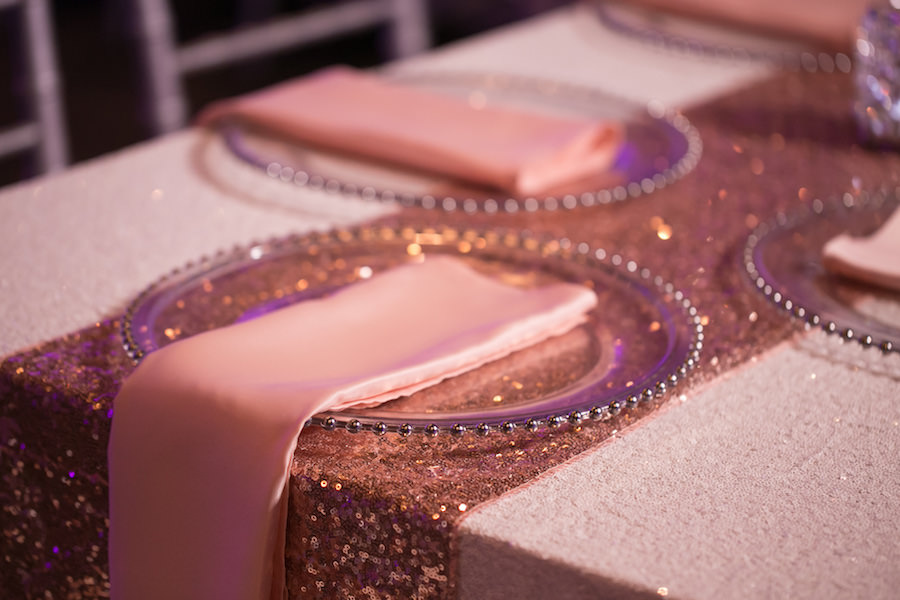 Sequin Table Runner and Glass Charger Plate with Blush Napkin for Wedding Reception