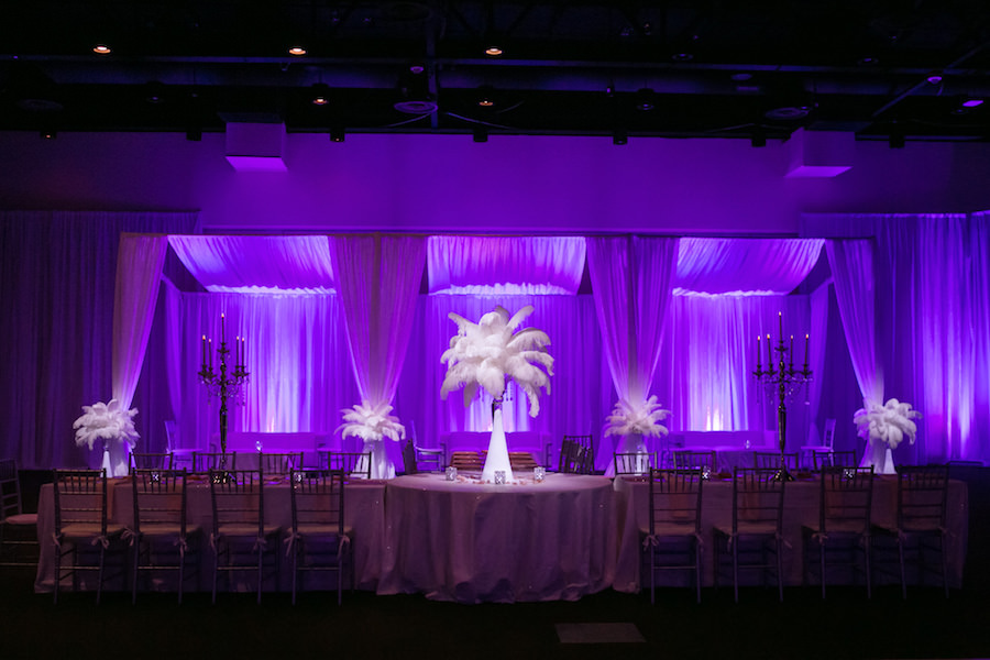 Purple Uplighting and Pin-spotting Lighting Effects for Florida Modern Wedding Reception with Drapery by Tampa Event Rental Company Gabro Event Services