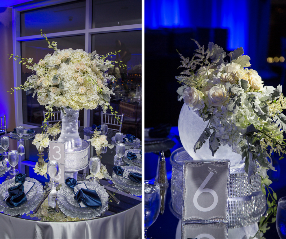 White and Silver Wedding Reception Table Decor with Ivory Floral Centerpieces and Silver Linens and Charger Plates | Tampa Linen Rental Over the Top Linens | Charger Rentals Signature Event Rentals
