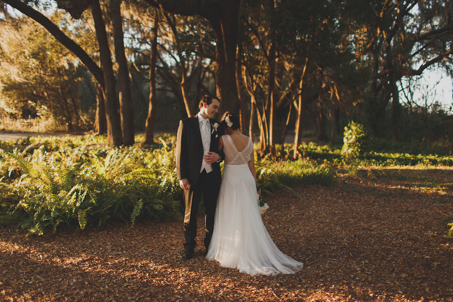 Bride and Groom, Outdoor Wedding Portrait in Anna Kara Wedding Dress and Black Suit | Rustic Tampa Bay Wedding Venue Cross Creek Ranch