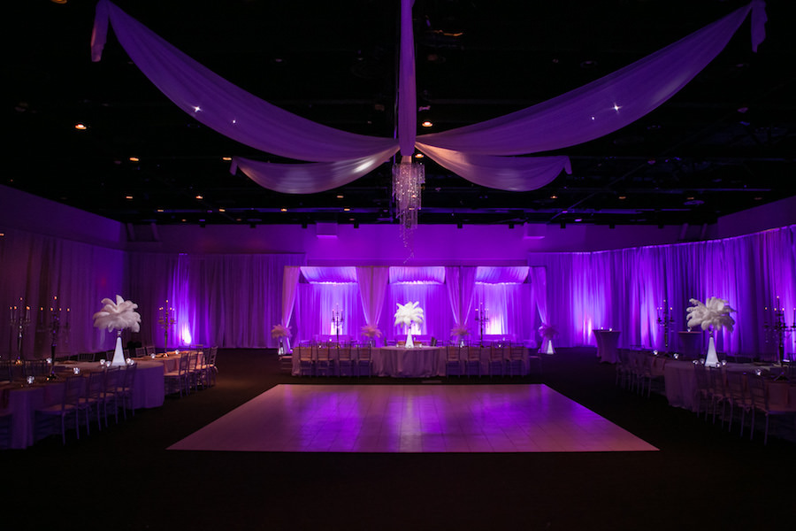 Purple Uplighting and Pin-spotting Lighting Effects for Florida Modern Wedding Reception with Drapery by Tampa Event Rental Company Gabro Event Services