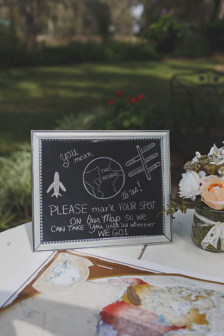 Wedding Guest Book Sign In Table With World Map | Travel Inspired Wedding Decor