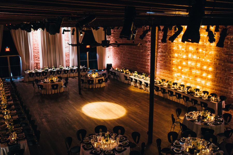 Black, White and Gold Wedding Reception with Wood Floors and Brick Walls | Modern St. Pete Wedding Venue NOVA 535