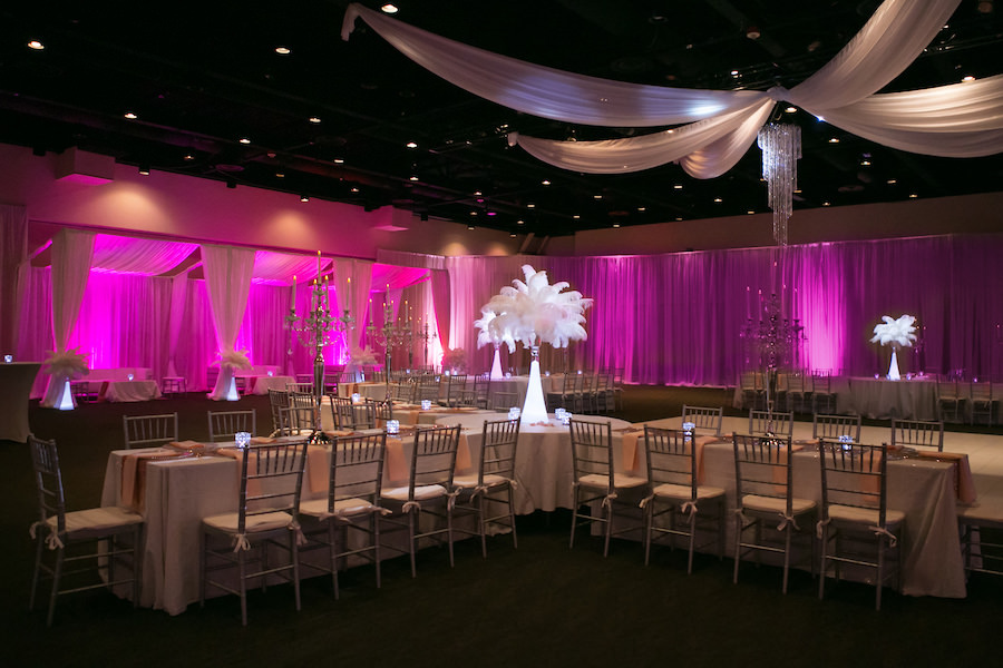 Purple Uplighting and Pin-spotting Lighting Effects for Florida Modern Wedding Reception with Drapery by Tampa Event Rental Company Gabro Event Services