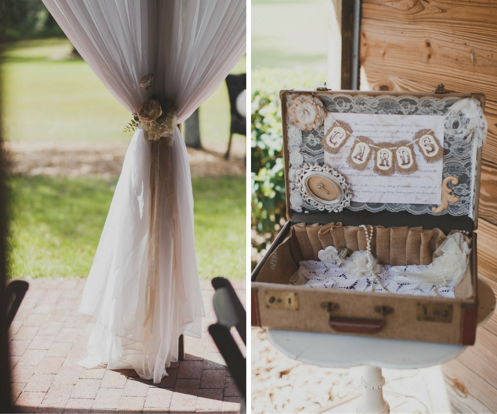Outdoor Rustic Barn Wedding Reception Decor Draping with Vintage Suitcase Card Box