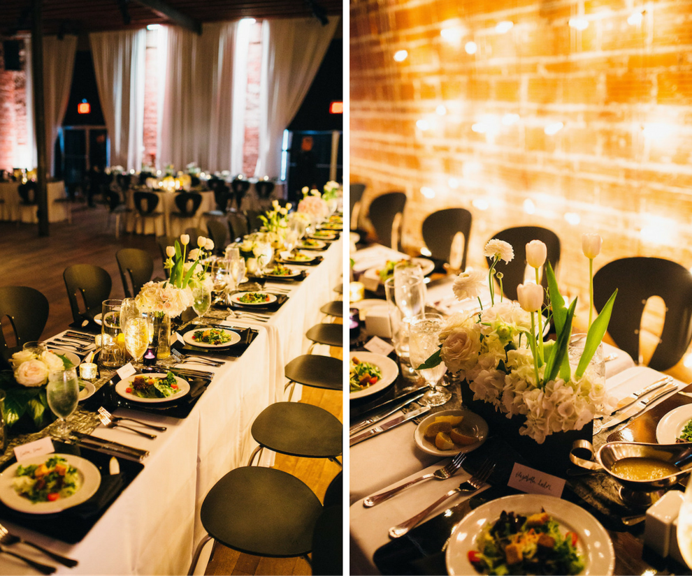 Black, White and Gold Wedding Reception Decor with White Hydrangea Centerpieces