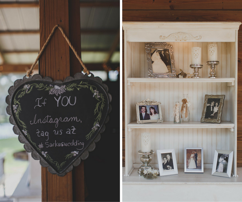 Wedding Reception Decor with Vintage Bookcase with Family Memory Pictures and Instagram Hashtag Chalkboard Sign