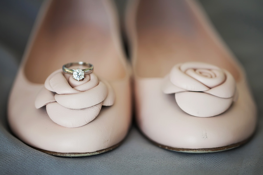 Blush Pink Kate Spade Rosette Ballet Flat Wedding Shoes with Princess Cut Solitaire Engagement Wedding Ring