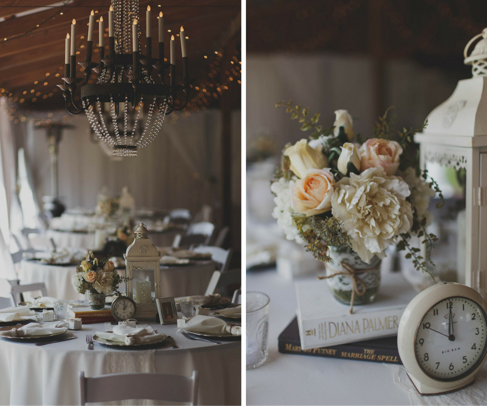 Wedding Reception Table Decor with Peach and Ivory Floral Centerpieces, Vintage Books, and White Lanterns | Tampa Bay Wedding Venue Cross Creek Ranch
