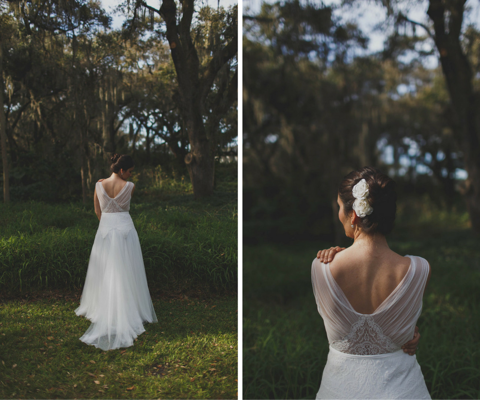 Outdoor, Bridal Wedding Portrait in White Anna Kara Low Open Back Wedding Dress | Elegant Flowing Wedding Dress Inspiration and Ideas
